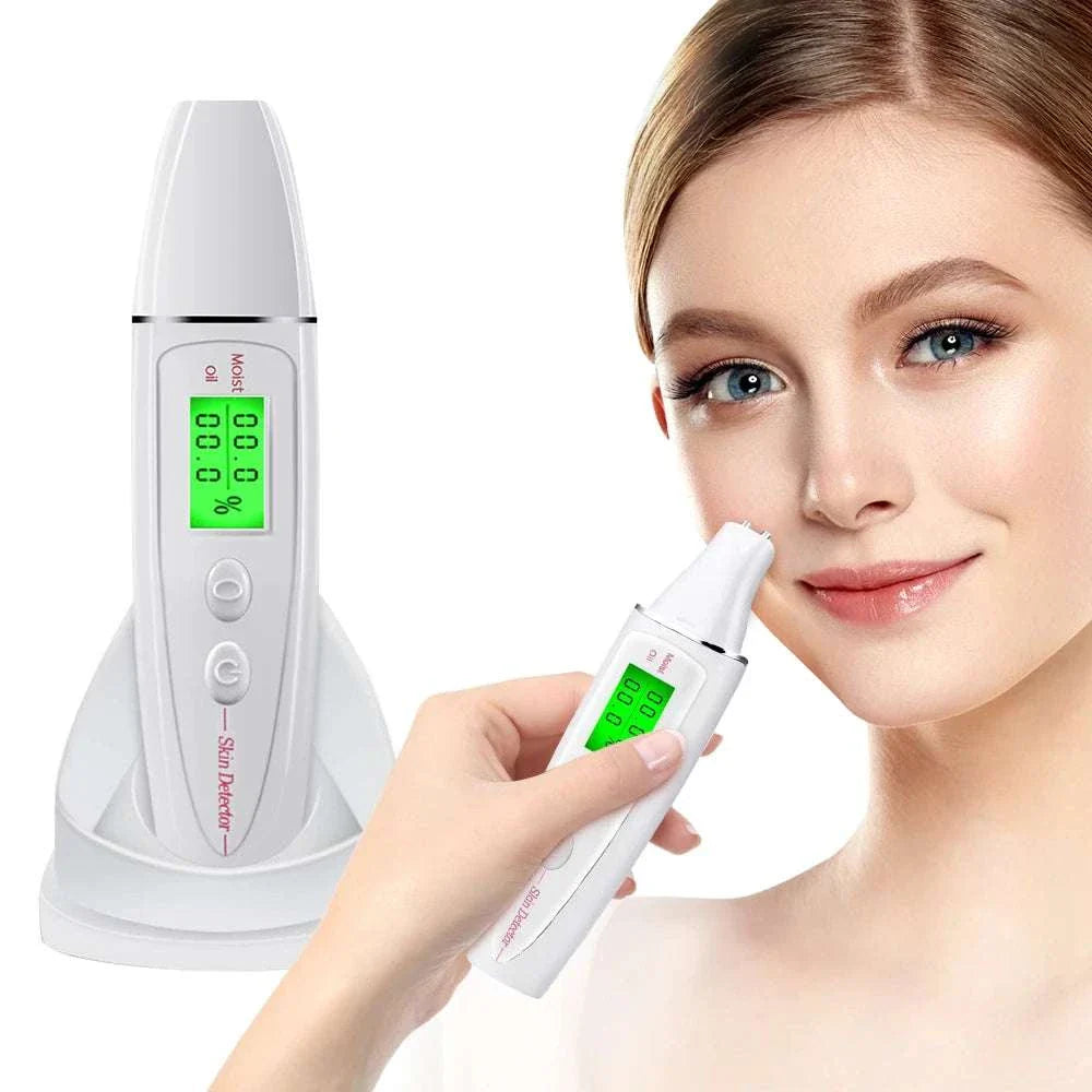 Digital Skin Analyzer device measuring facial skin moisture and oil levels on a woman's cheek with a bright digital LCD display.