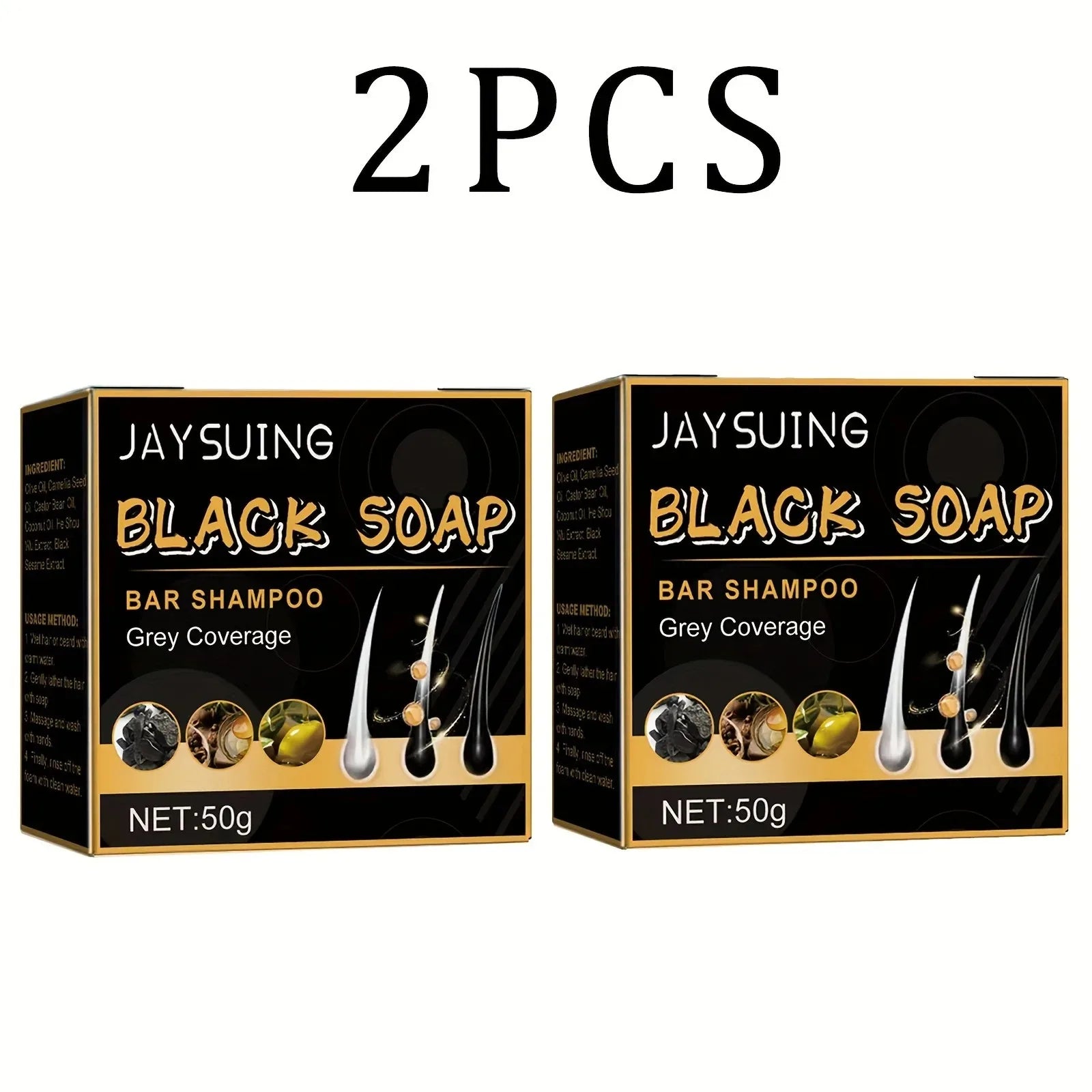 Two bars of Jaysuing Polygonum Black Hair Soap for grey hair coverage in 50g packaging