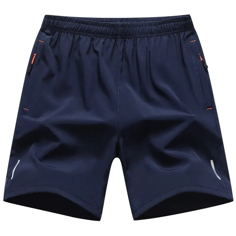 Men’s breathable sports shorts in navy blue with elastic waistband and quick-dry fabric for summer workouts and casual wear