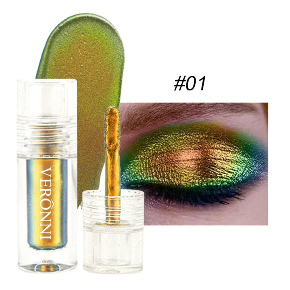 Chrome Shifting Chameleon Liquid Eyeshadow in green and gold multichrome shimmer with applicator and swatch on eyelid.