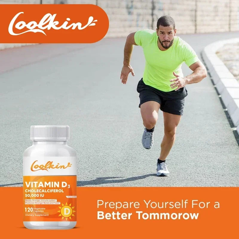 High Potency Vitamin D3 50,000 IU supplement bottle with athlete running outdoors promoting bone and immune health