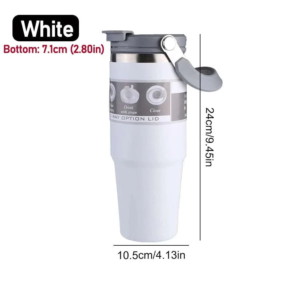 White 30oz vacuum insulated stainless steel cup with handle and leak-resistant lid, designed for hot and cold beverages.