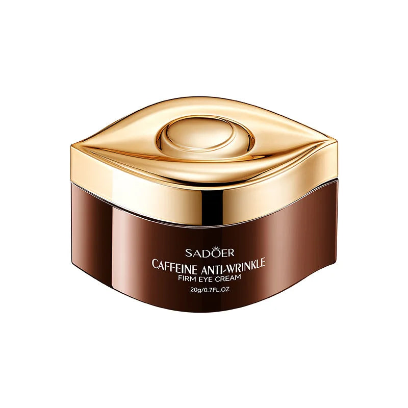 SADOER Caffeine Anti-Wrinkle Firm Eye Cream in brown and gold container for reducing dark circles, puffiness, and fine lines