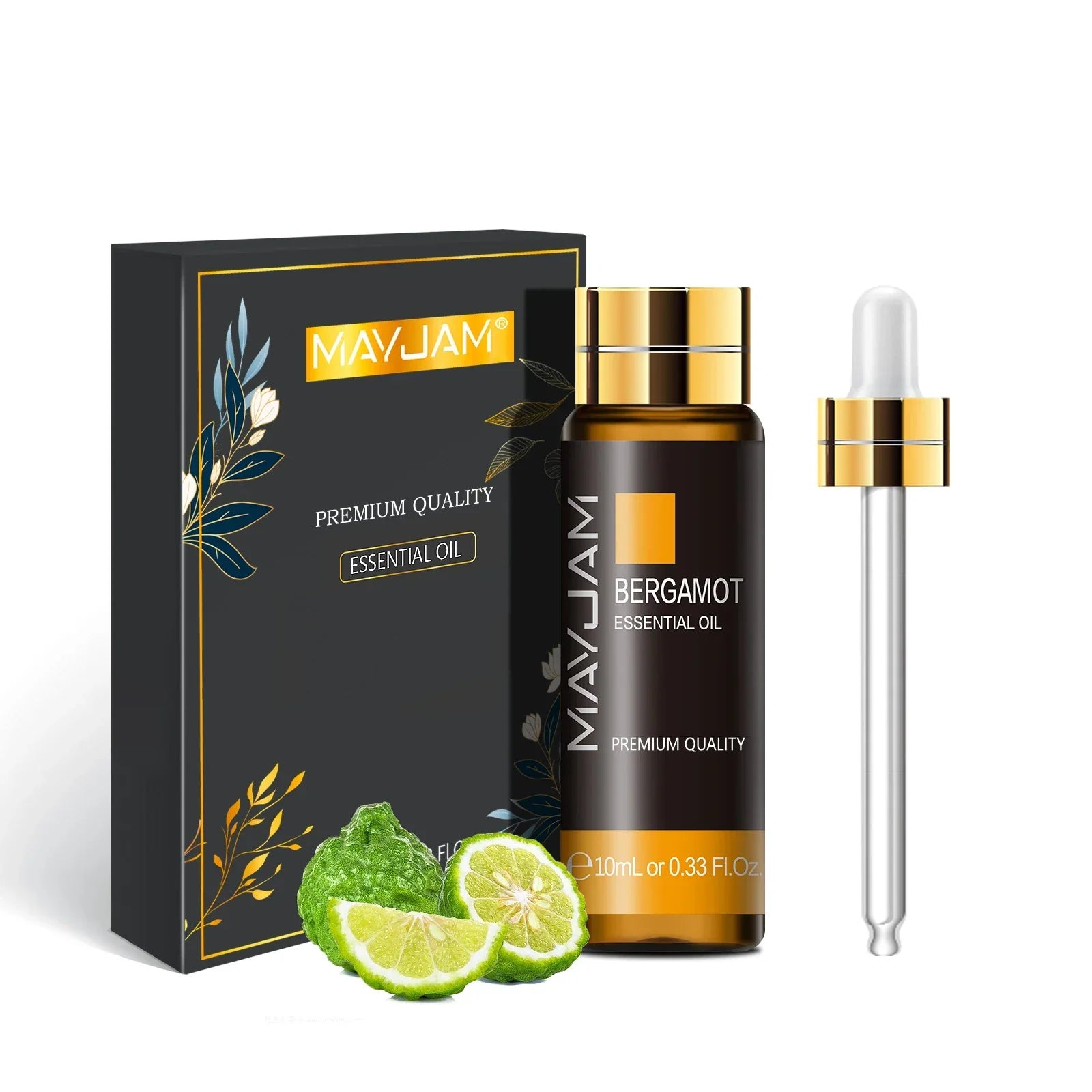 MAYJAM Bergamot essential oil 10ml bottle with dropper and black gold packaging with bergamot fruit slices