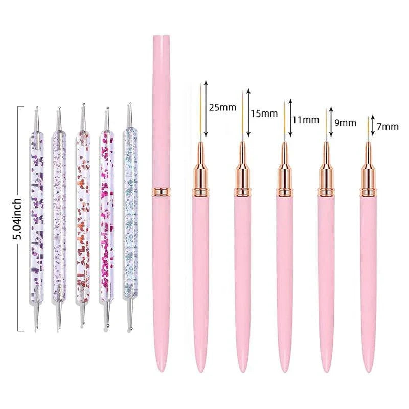 Set of 5 pink nail liner brushes in various sizes for precise nail art and detailing