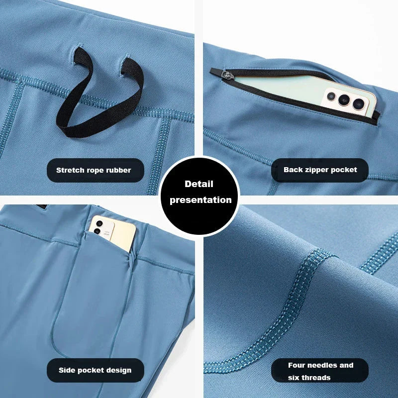 Close-up views of blue compression shorts for men showing stretch rope rubber, back zipper pocket, side pocket design, and reinforced stitching with four needles and six threads.