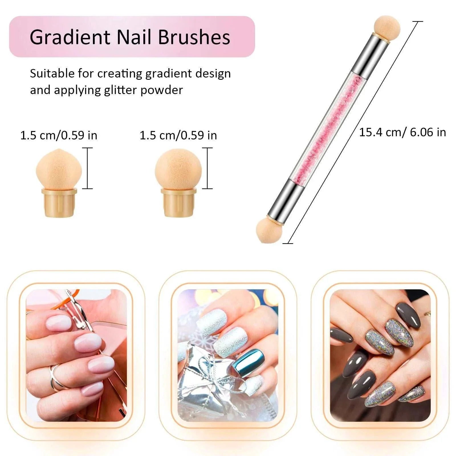 Double-headed sponge nail art brush with dual sponge tips for gradient designs and dotting, 15.4 cm length, ideal for ombre and detailed nail art.