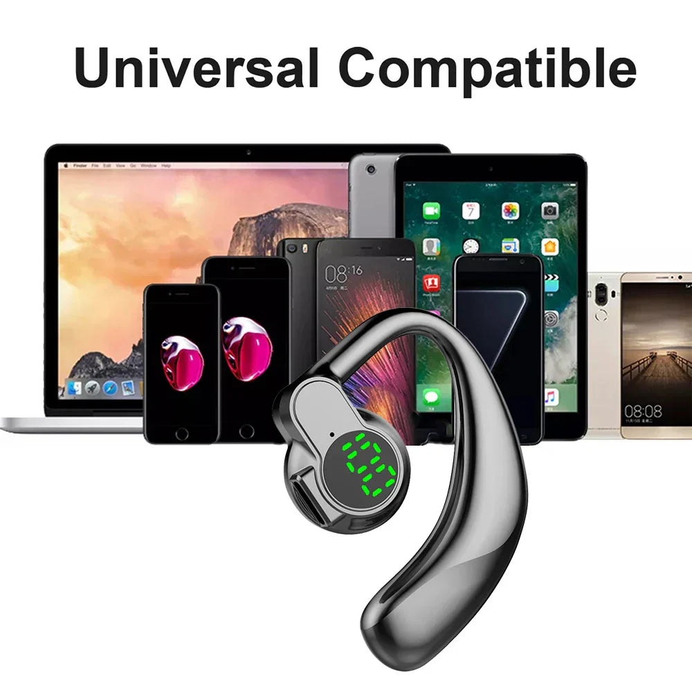 180° Wireless Headphone with Bluetooth 5.4, rotatable earhook, noise-canceling mic, digital LED battery display, and ergonomic single-ear design.