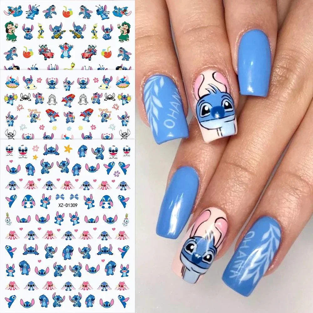 Cartoon Mini Stitch angel nail stickers with blue themed nail art and character decals for playful nail design