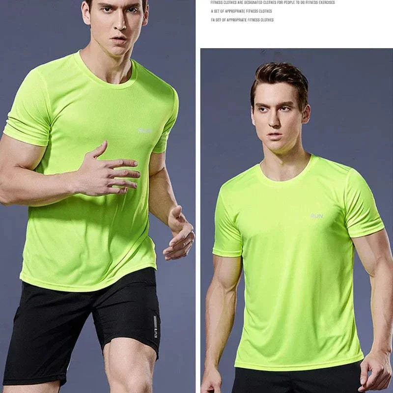 Men’s bright green quick-dry compression sport t-shirt worn by male models for fitness and training