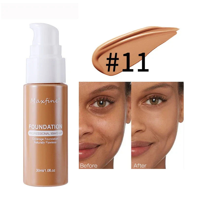 Maxfine Liquid Foundation & Concealer bottle with shade #11 swatch and before and after skin coverage demonstration