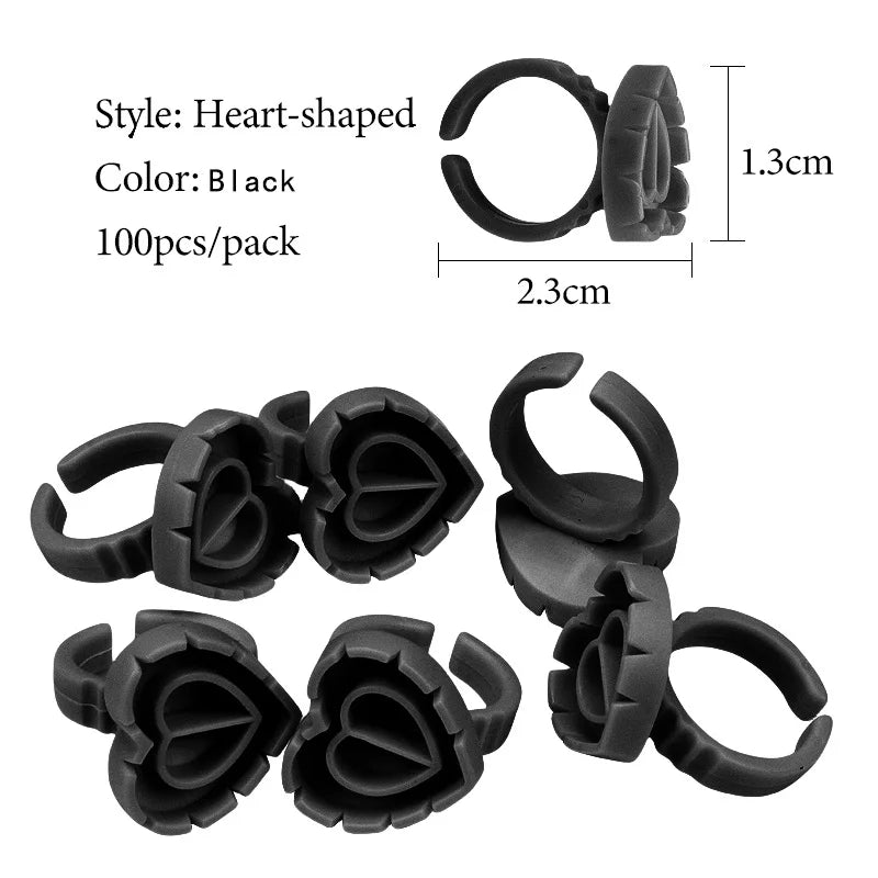 Black heart-shaped disposable glue ring cups for lash extensions and tattoo pigments, 100 pcs pack