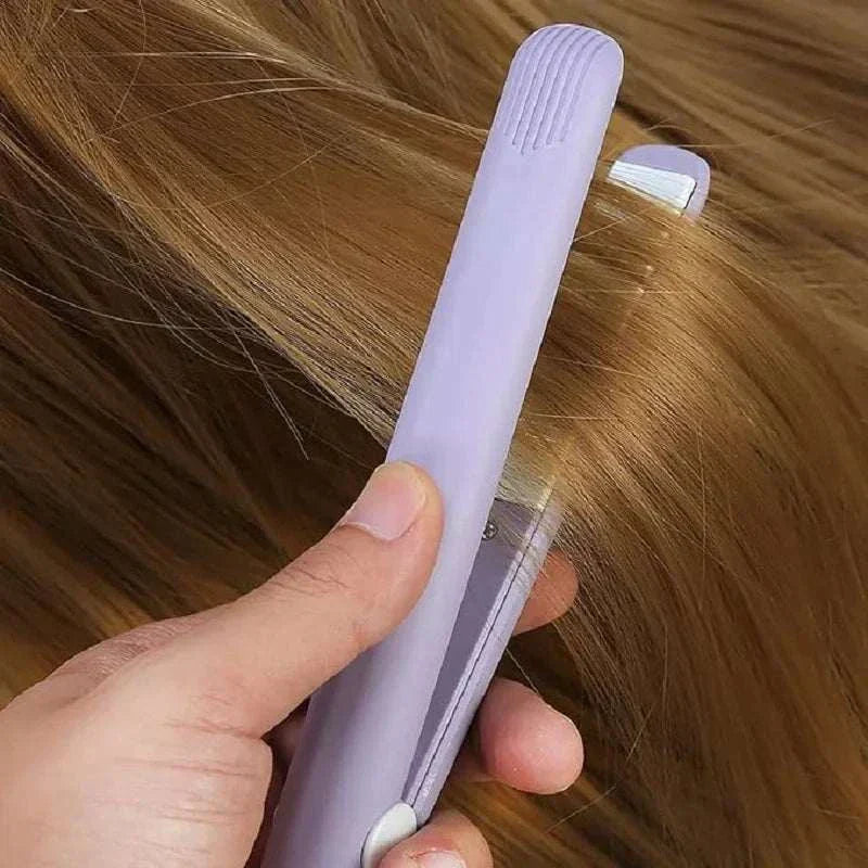 Compact mini flat iron in light purple for travel hair styling and smoothing