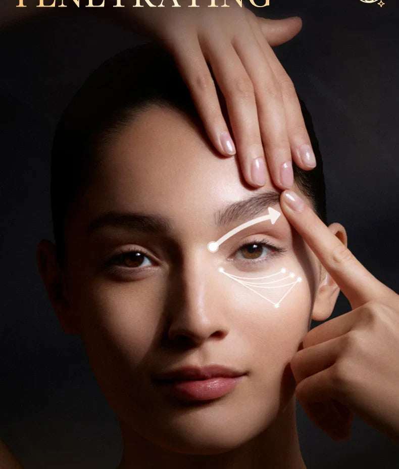 Woman applying 24K Gold Hyaluronic Acid eye cream highlighting anti-aging and brightening benefits