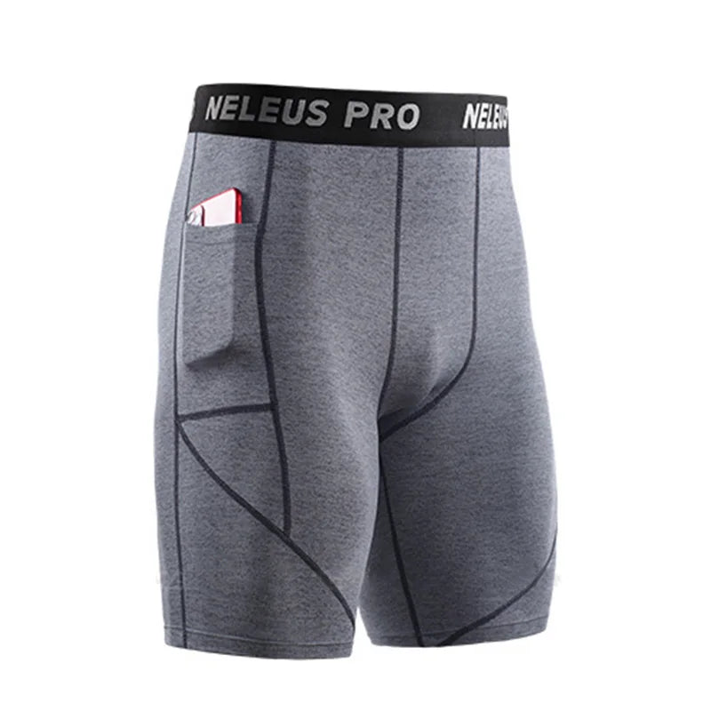 Men's outdoor running shorts with breathable fabric, compression leggings, secure fit, and practical pockets for multi-sport use