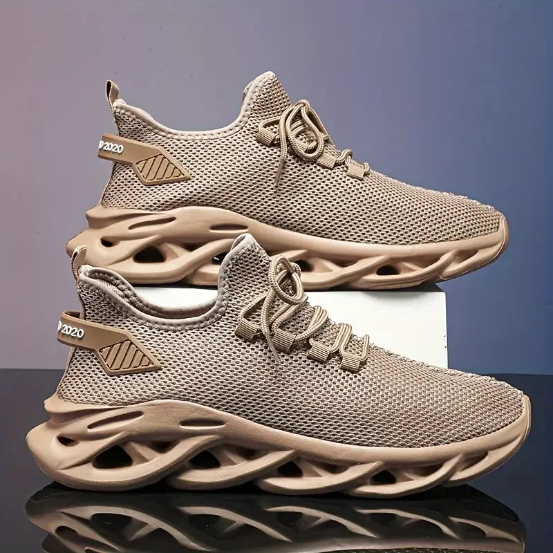 Beige lightweight breathable running sneakers with mesh upper and cushioned sole for men and women