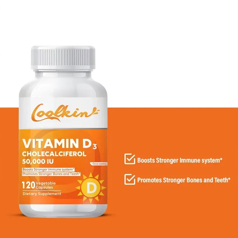 High Potency Vitamin D3 50,000 IU dietary supplement bottle with immune and bone health benefits on orange background