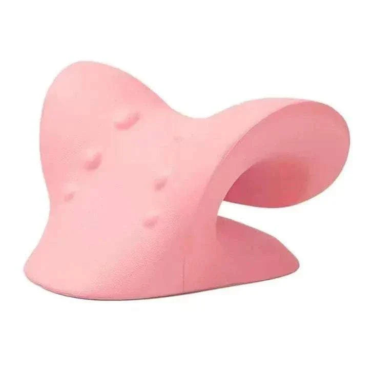 Pink ergonomic cervical chiropractic traction device for neck and shoulder pain relief and posture support