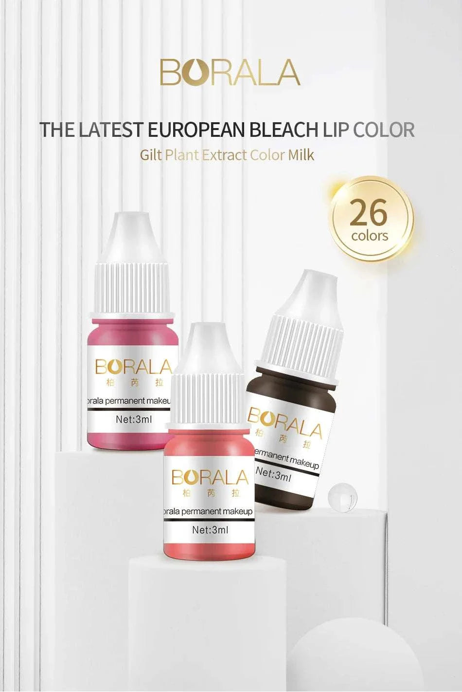 Borala 26 Colors 3ML permanent makeup tattoo pigments for lips, eyebrows, and eyeliner in compact sample size bottles