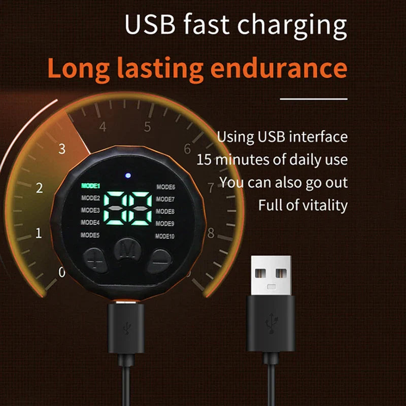 Smart abdominal massager with USB fast charging and digital EMS control panel for muscle toning and massage.