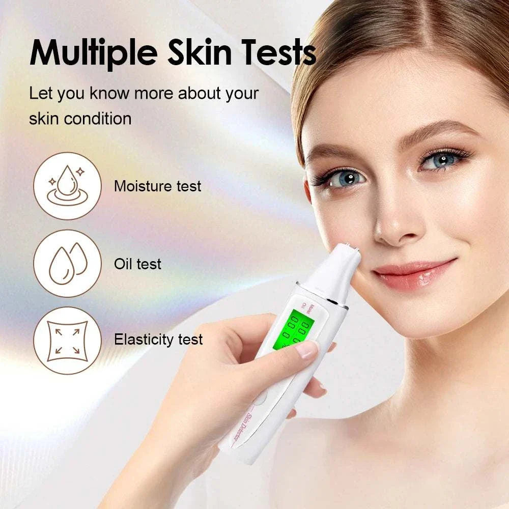 Digital Skin Analyzer handheld device measuring facial skin moisture, oil, and elasticity with LCD display on a woman’s face.