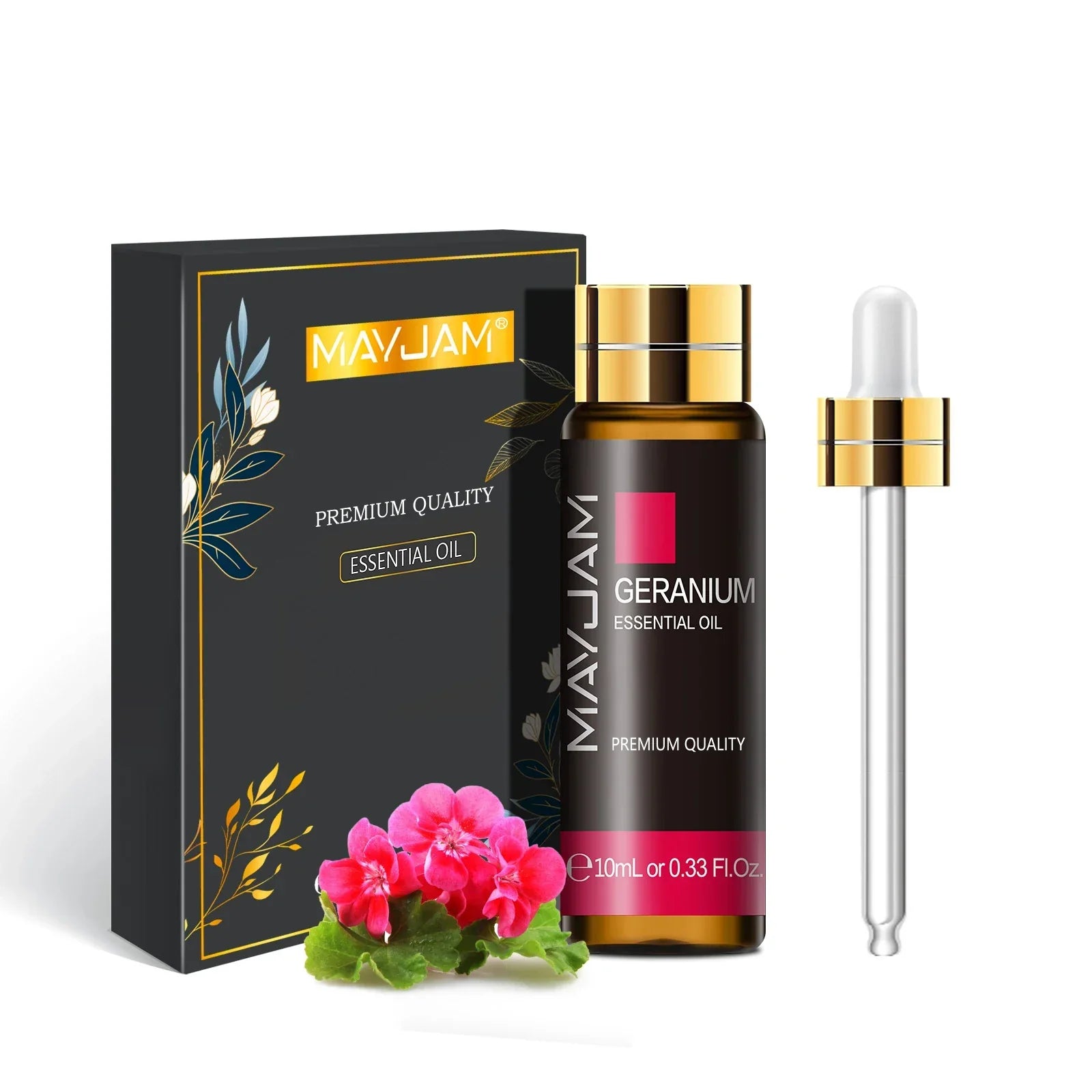 MAYJAM Essential Oil 10ml Geranium scent bottle with dropper and luxury black packaging with floral design