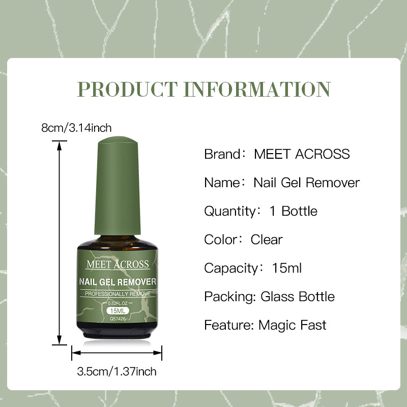 Small 15ml clear glass bottle of MEET ACROSS Fast Nail Gel Polish Remover for quick and gentle gel polish removal.
