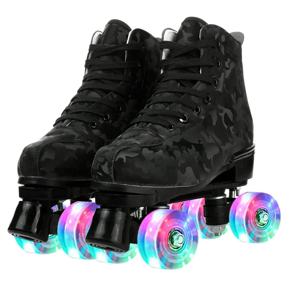 Black PU leather flash roller skates with light-up 4-wheel quad design and high-top sneaker style