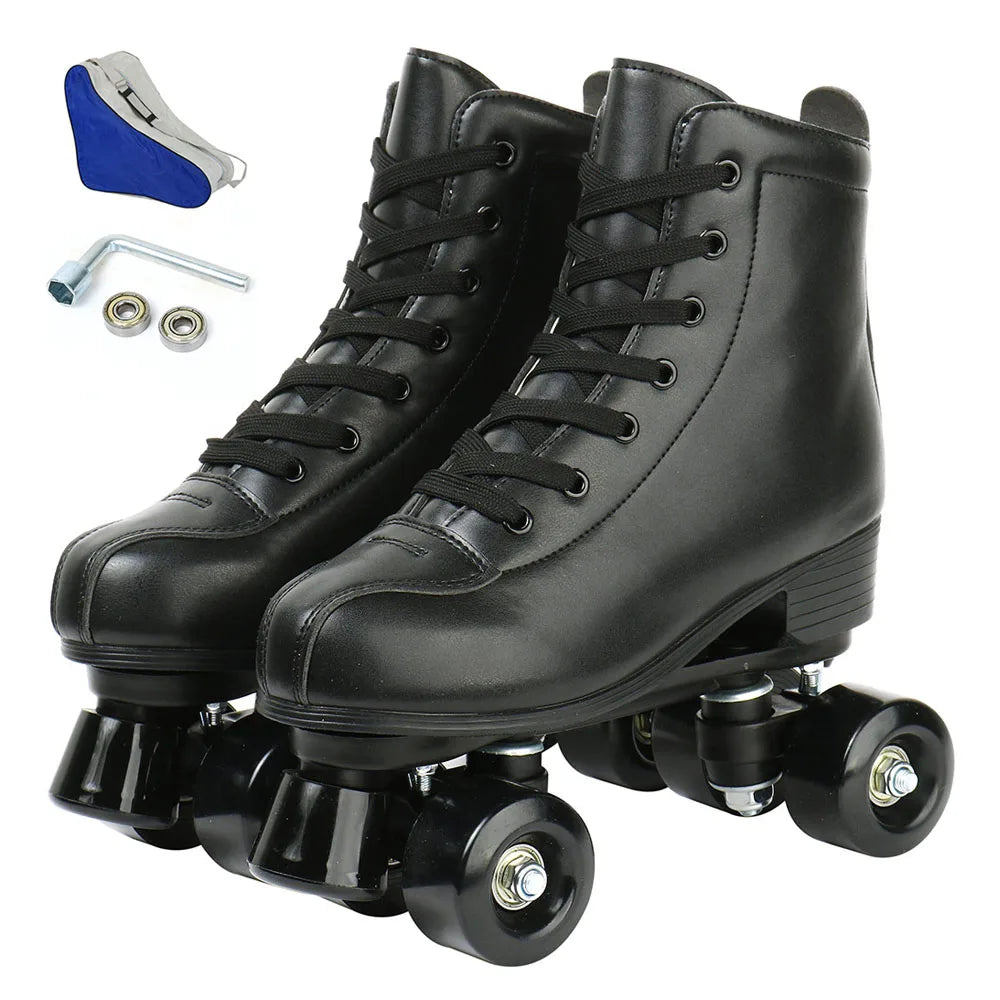 Black PU leather flash roller skates with lace-up high-top design and quad wheels