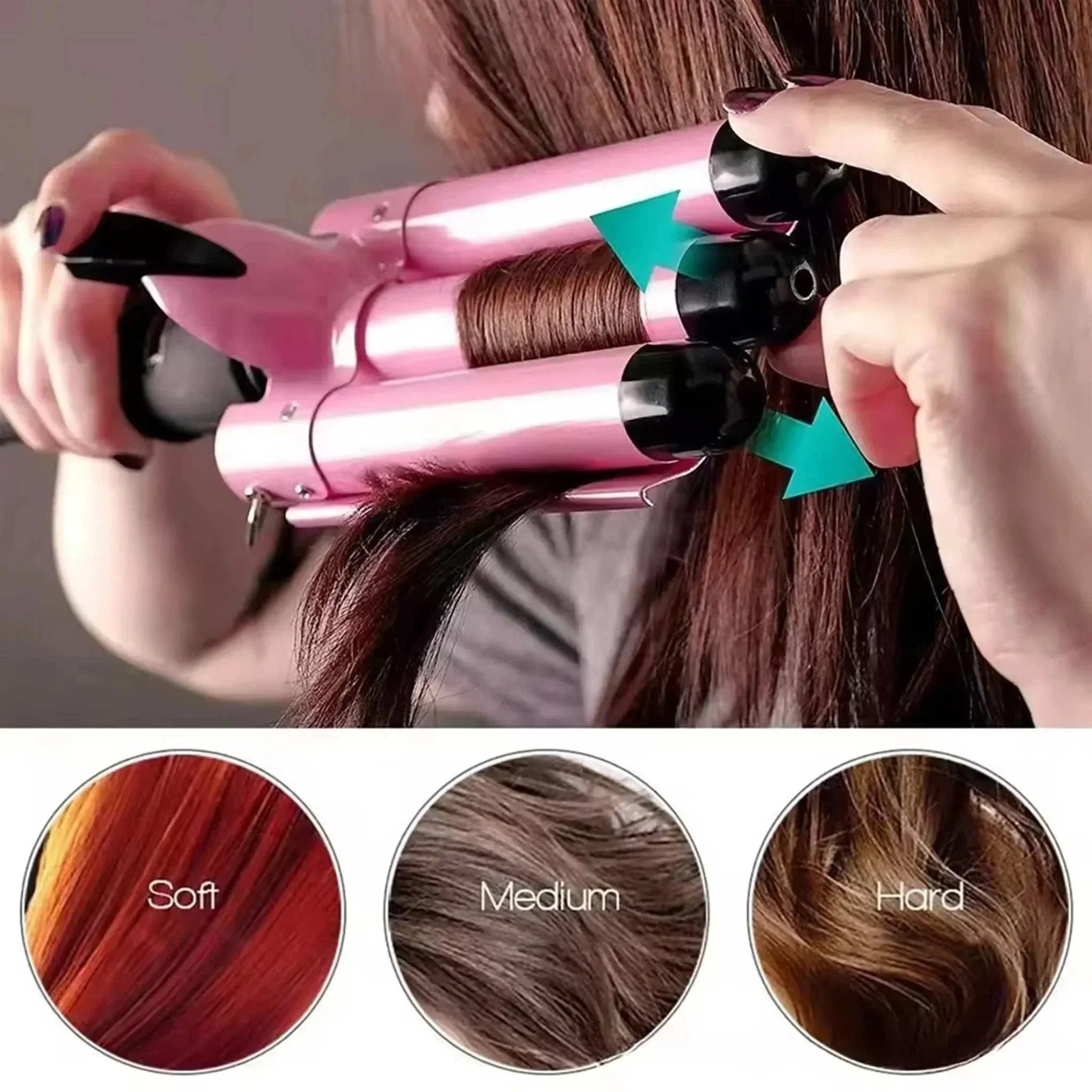 Multifunctional curling iron styling brown hair with soft, medium, and hard curl settings for versatile hairstyling