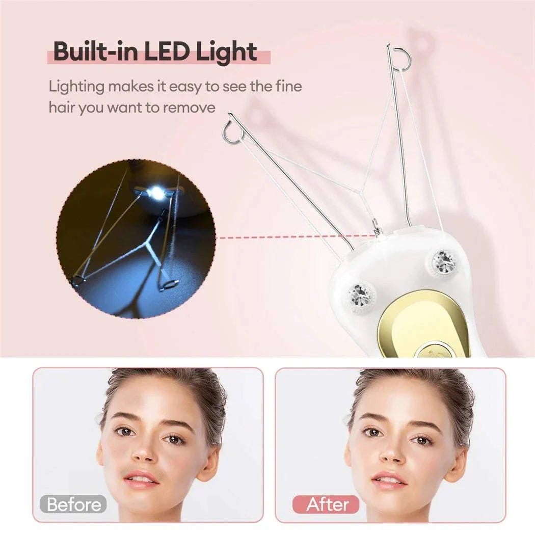 Electric body hair remover with built-in LED light for precise hair removal on face and body, showing before and after results.