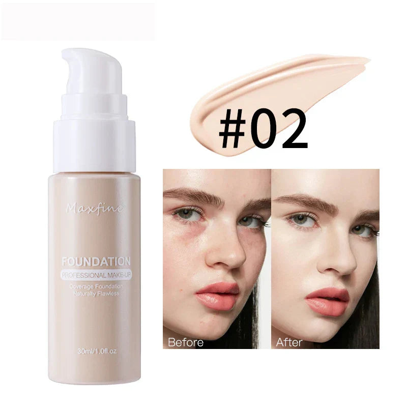 Liquid Foundation & Concealer #02 shade with pump bottle and before after skin coverage comparison.