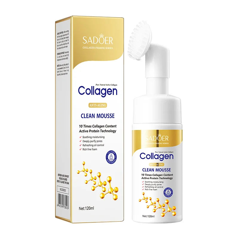 SADOER Collagen Facial Cleanser Mousse bottle with brush and gold-white packaging for deep cleansing and moisturizing skincare