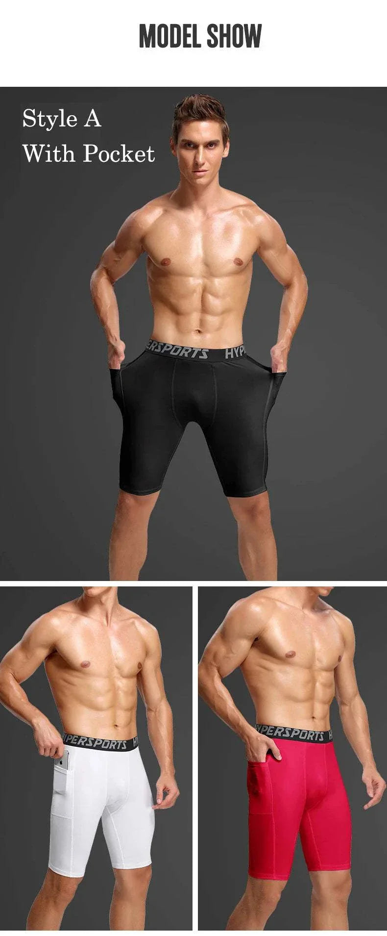 Men’s compression shorts with breathable, sweat-wicking fabric and snug, flexible fit for gym and sports, available in black, white, and red.
