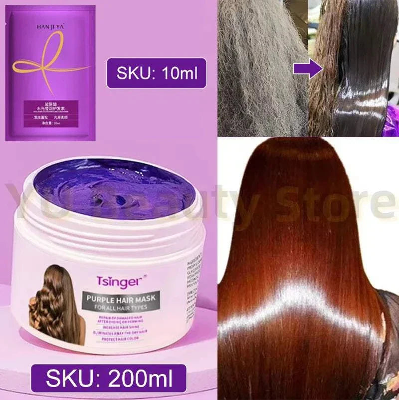 Purple Repair Hair Mask jar with purple cream, showing before and after hair transformation from dry to smooth and shiny hair.