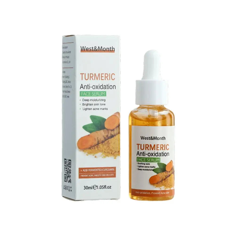 Turmeric Face Whitening & Brightening Serum bottle and box with anti-oxidation and deep moisturizing benefits for brightening skin tone and lightening acne marks