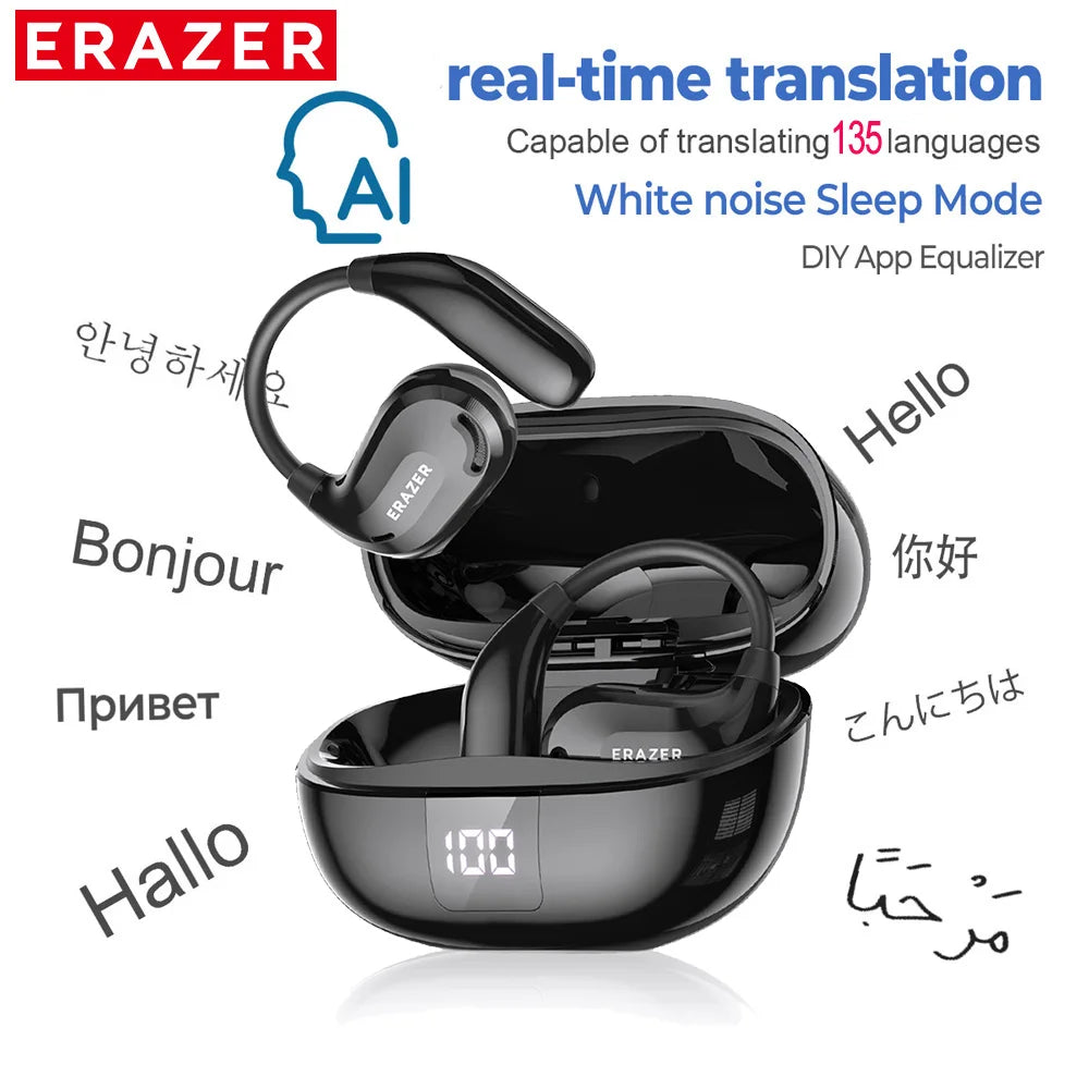 ERAZER XT66PRO Bluetooth earphones with real-time AI translation for 135 languages, white noise sleep mode, DIY app equalizer, LED charging case display, and ergonomic design.