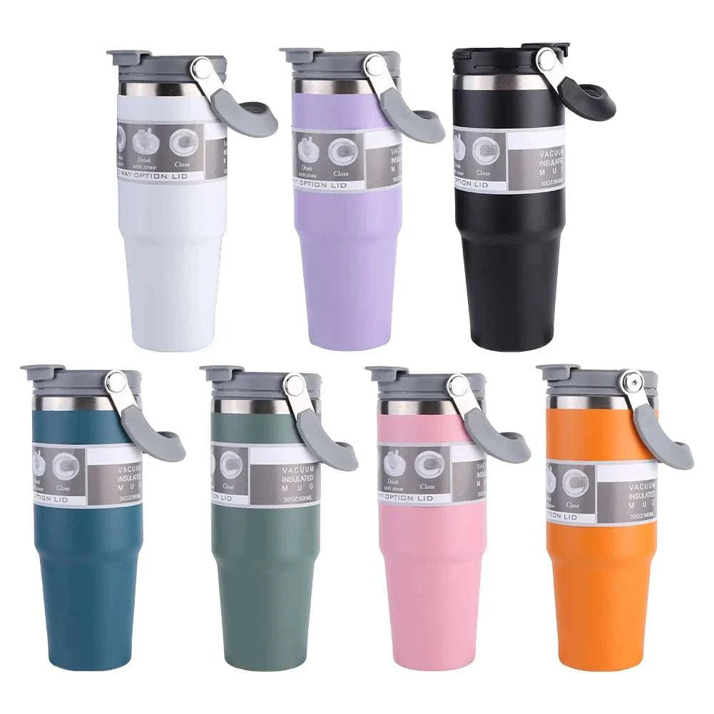 Set of 30oz vacuum insulated cups with handle in various colors, stainless steel double-layer design for hot and cold drinks, leak-resistant lids, and comfortable grips.