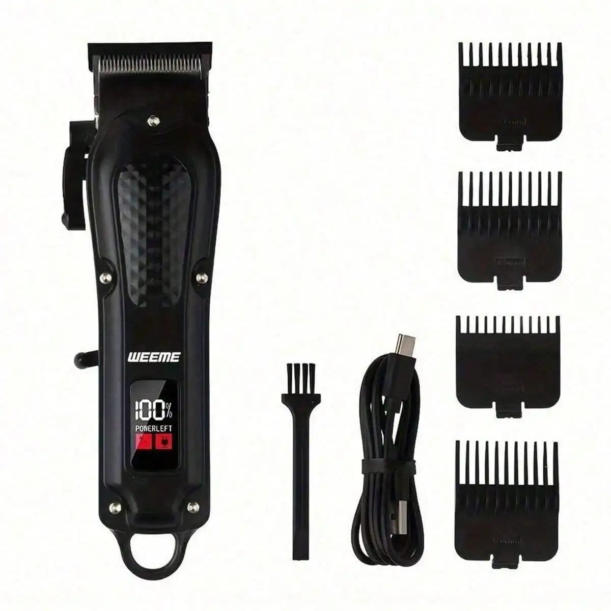Professional USB rechargeable hair clipper with precision blades, multiple guards, cleaning brush, and USB charging cable for cordless grooming.