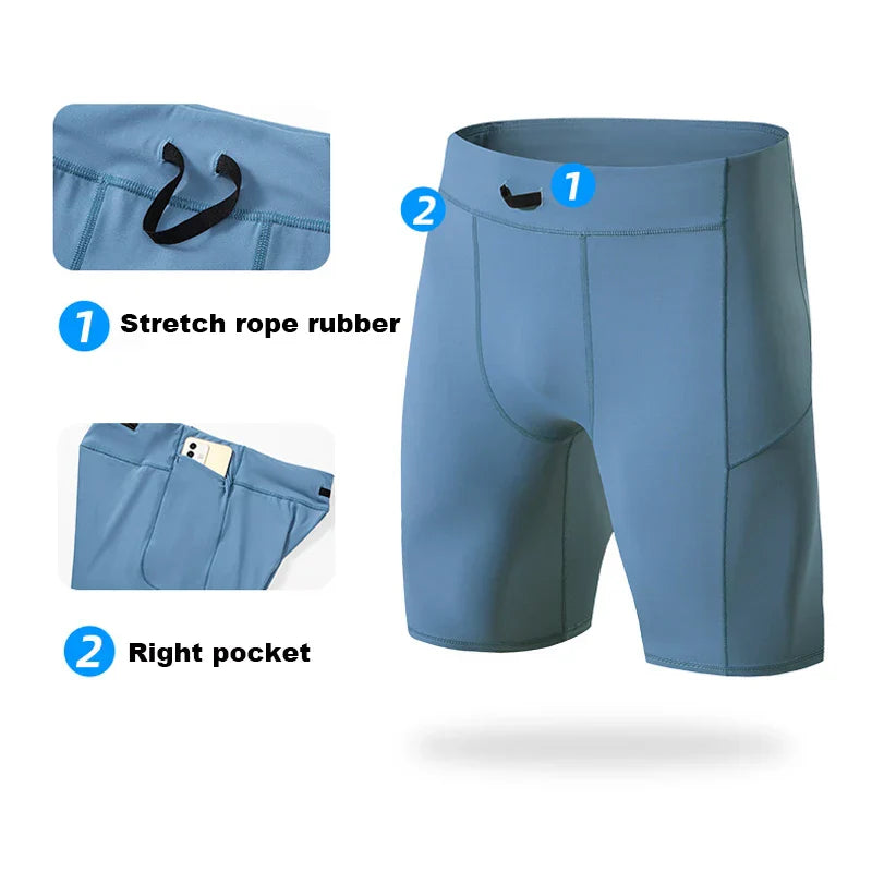 Blue compression shorts for men with stretch rope waistband and right side pocket for phone or small items