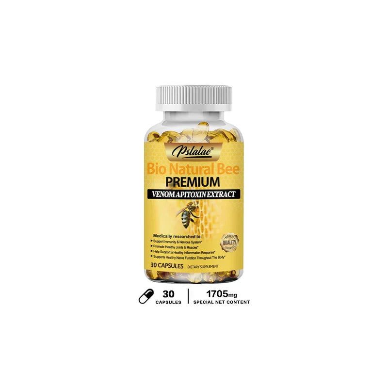 Bottle of Natural Bee Capsules with venomapitoixin extract for joint relief, bone health, and immunity boost, containing 30 capsules and 1705 mg net content