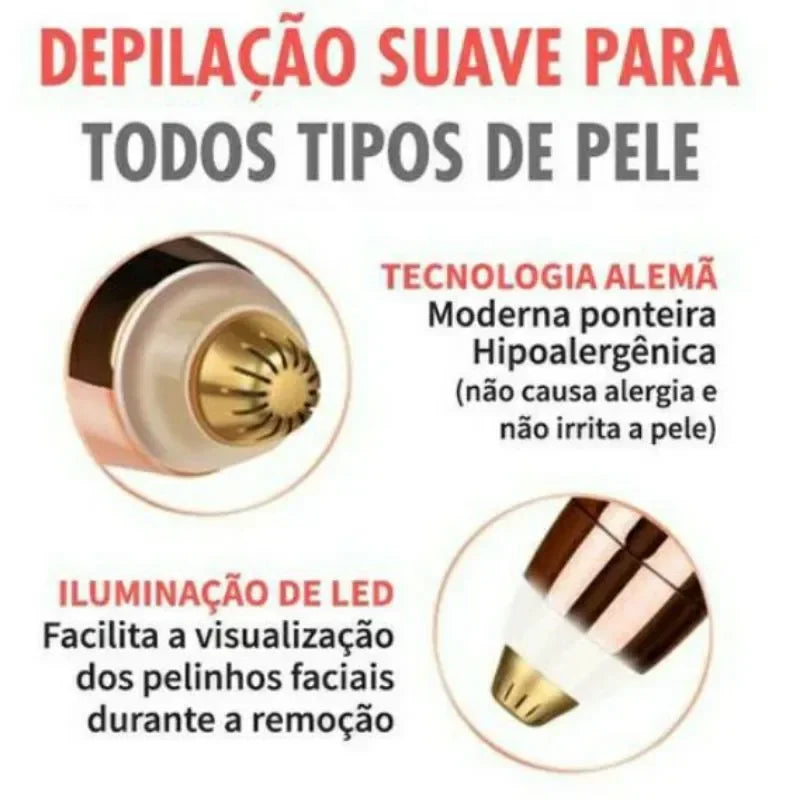 Electric eyebrow and facial hair trimmer with hypoallergenic German technology and LED light for gentle hair removal on all skin types