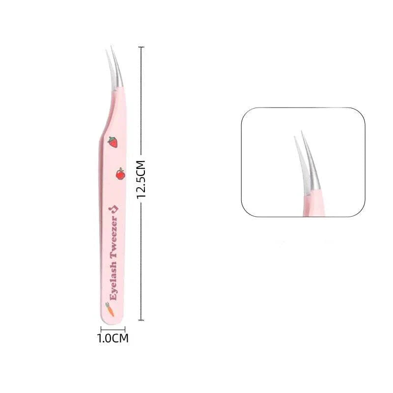 Pink false eyelash tweezer with ergonomic curved tip and decorative icons, measuring 12.5 cm length and 1 cm width.