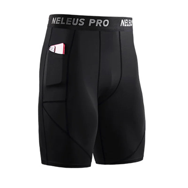 Men's outdoor running shorts with breathable fabric, 4-way stretch, compression leggings, elastic waistband, and practical side pockets.