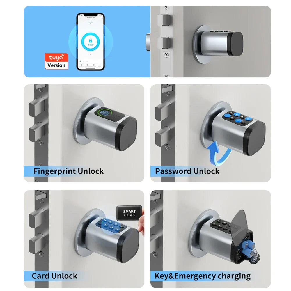 AYKUBE V1 Smart Cylinder Lock with fingerprint, password, card unlock, Tuya BLE app control, and emergency key charging.