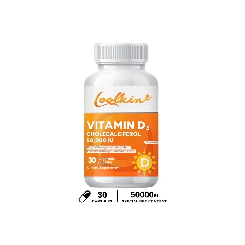 High Potency Vitamin D3 50,000 IU dietary supplement bottle with 30 vegetarian capsules for immune and bone health support