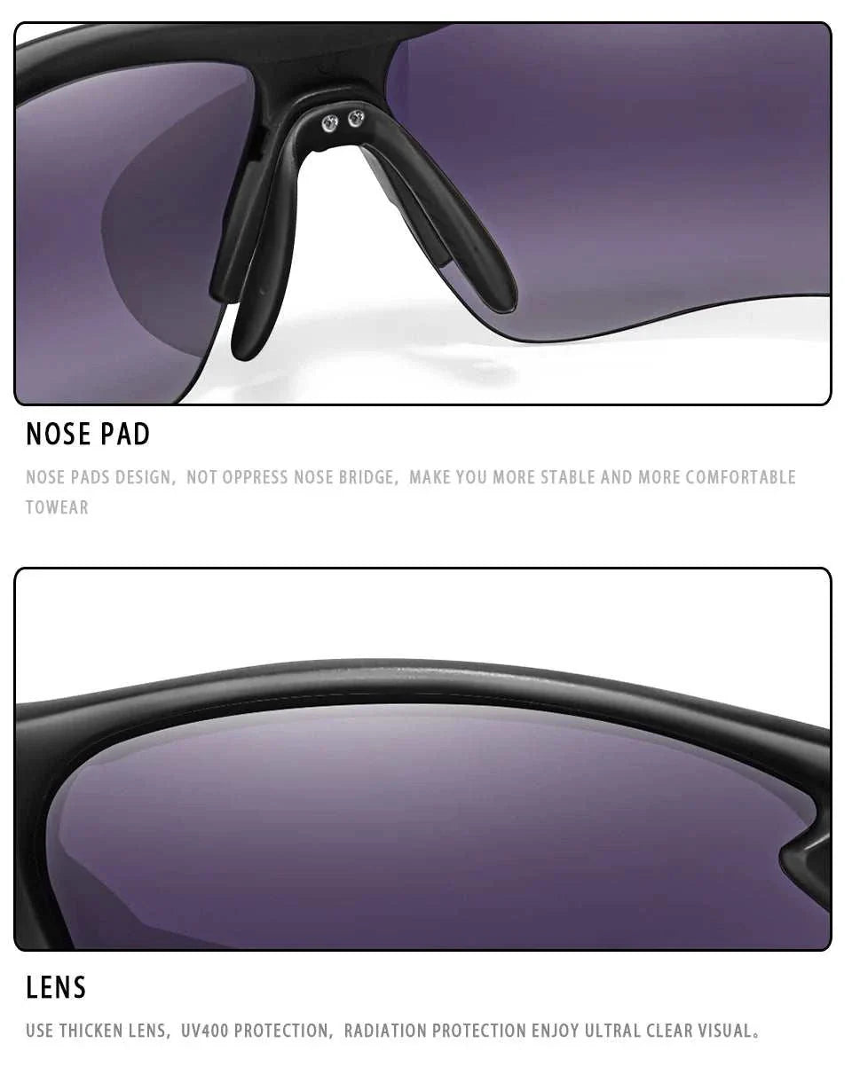 Close-up of black sporty unisex sunglasses highlighting comfortable nose pads and UV400 protective lenses.