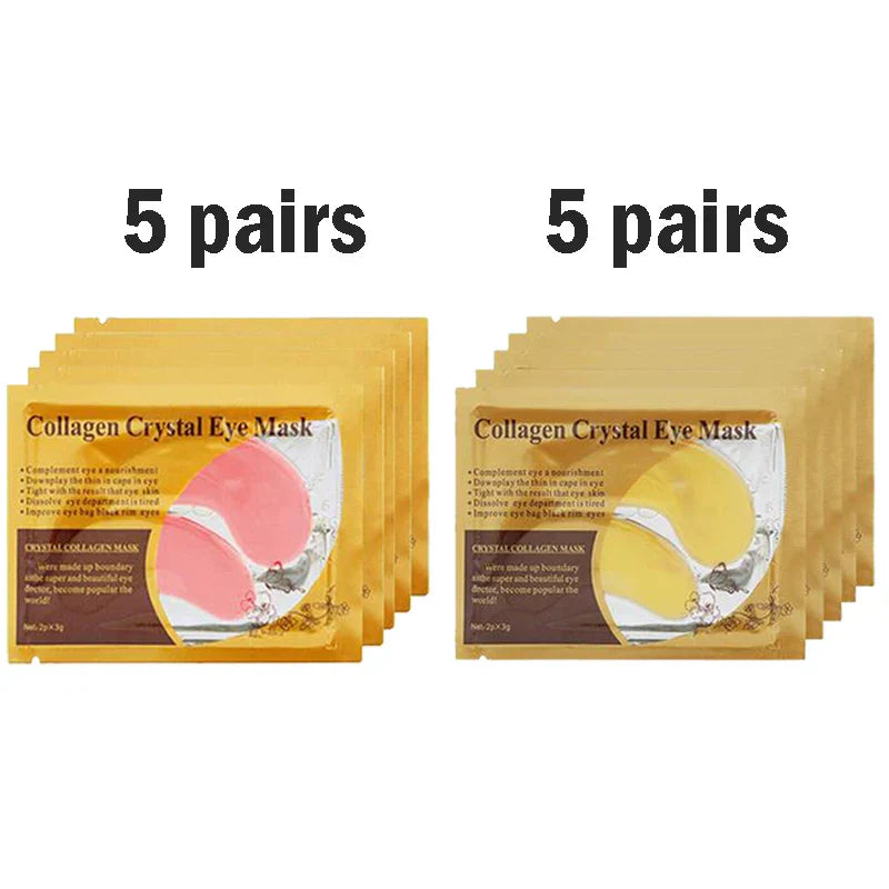 Gold collagen crystal eye masks in pink and gold, 5 pairs each, moisturizing and anti-aging under-eye patches