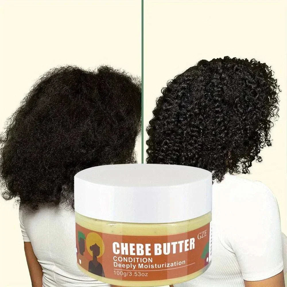 Chebe Butter Condition jar with before and after images of naturally curly hair showing enhanced moisture and shine