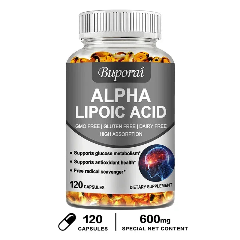 Bottle of Buporai Alpha Lipoic Acid 600mg dietary supplement capsules providing antioxidant and energy metabolism support